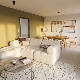Planche d'ambiance pour la rénovation d'un salon salle à manger à Blagnac. Style Japandi épuré et chaleureux avec des touches de vert kaki (peinture Blime), mobilier en chêne clair, tables en marbre et carrelage Porcelanosa.