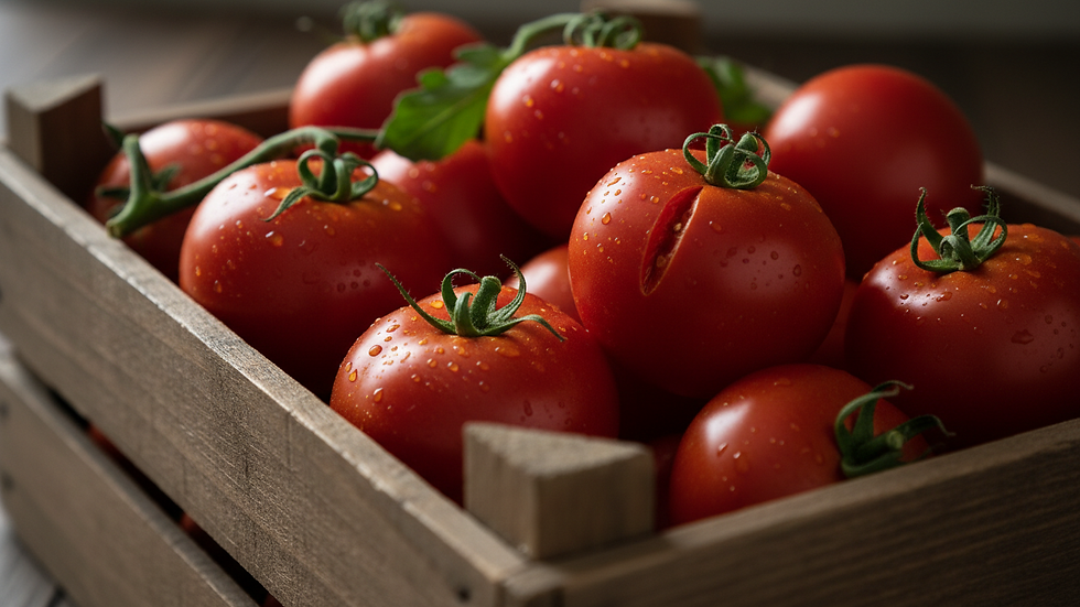 Close-up view of freshly harvested ripe tomatoes in a wooden crate