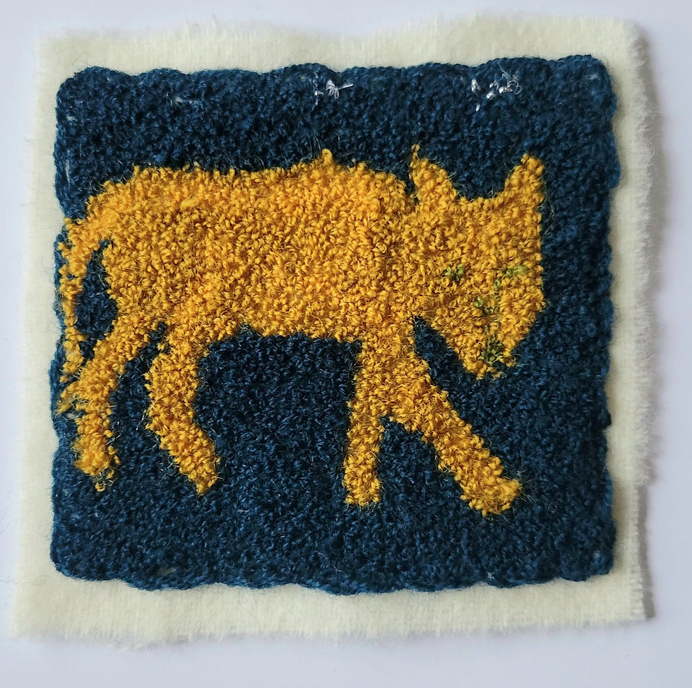 Wolf Night, Russian punch needle embroidery, wool & metallic embroidery floss on weaver’s cloth, 3.25 x 3.25 inches