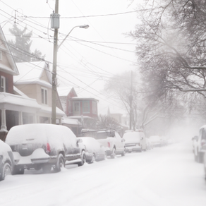 A neighborhood street covered in snow after a winter storm