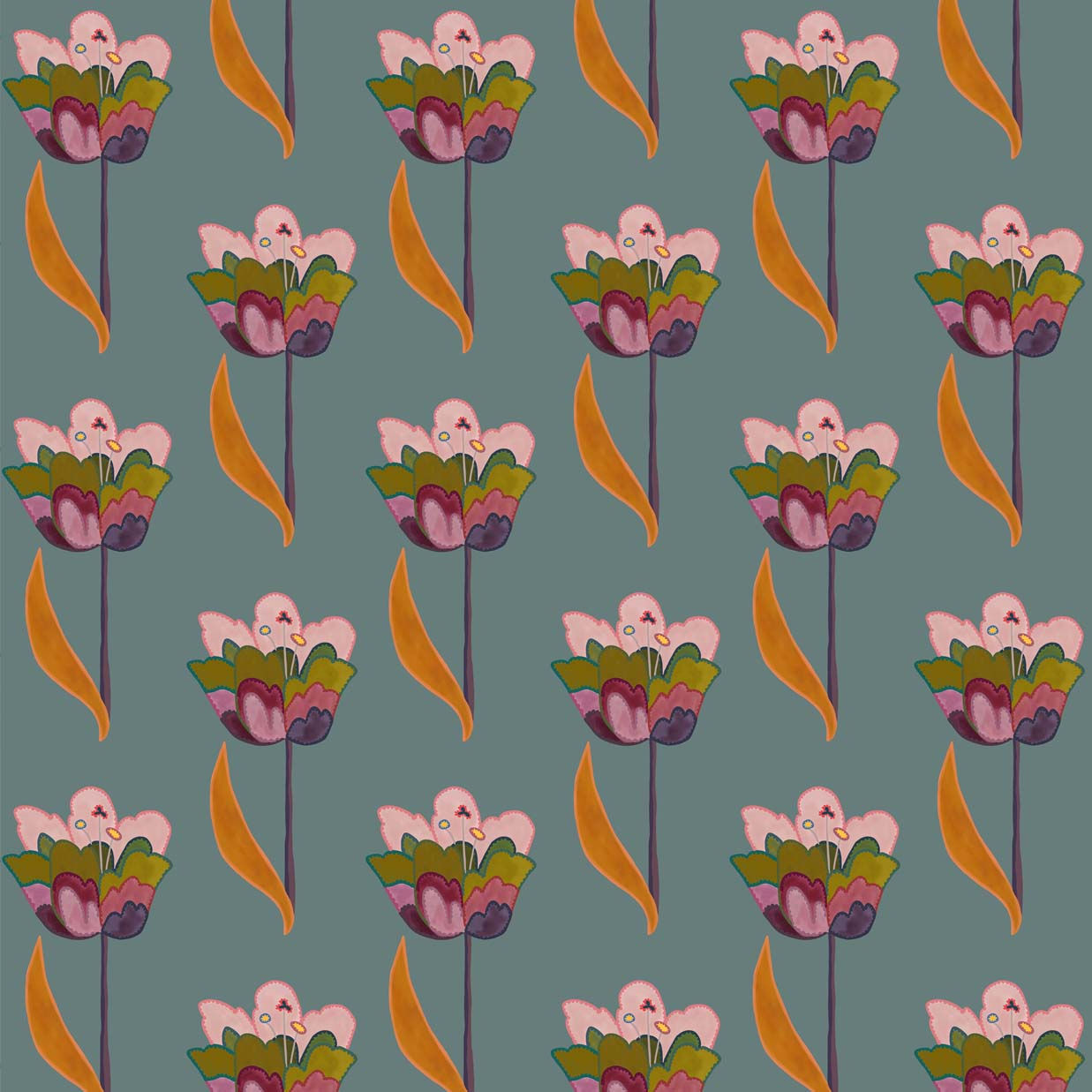 Tulips Wallpaper- Sea Blue