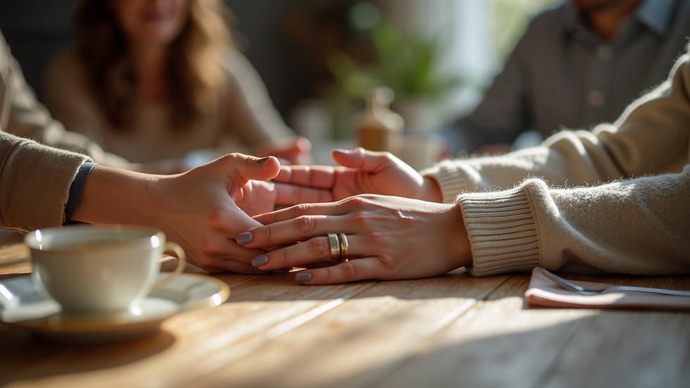 Vue rapprochée d’une table familiale avec des mains posées dessus en signe d’unité