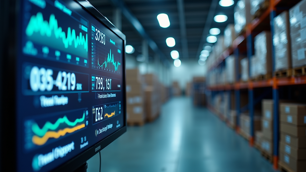 Eye-level view of a warehouse with real-time tracking screens displaying inventory and shipment status