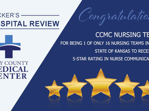 Graphic recognizing Clay County Medical Center's nursing team for earning a five-star nurse communication rating and inclusion on Becker's Hospital Review list of top hospitals in Kansas for nurse communication.