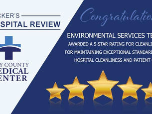 Graphic recognizing Clay County Medical Center's Environmental Services Team for earning a 5-star cleanliness rating from Becker's Hospital Review.