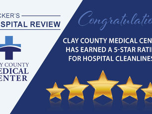 Graphic recognizing Clay County Medical Center for earning a 5-star hospital cleanliness rating based on CMS patient experience survey results.