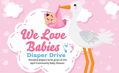 We Love Babies! diaper drive graphic featuring a stork carrying a baby and promoting diaper donations for the Community Baby Shower.
