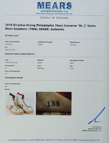 Julius J Erving Signed Game Used Shoes Converse All Star MEARS