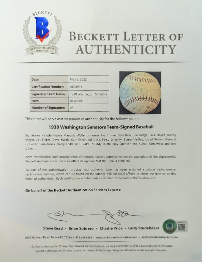 Thumbnail: Walter Johnson 1930 Washington Senators Team Signed Autographed Baseball