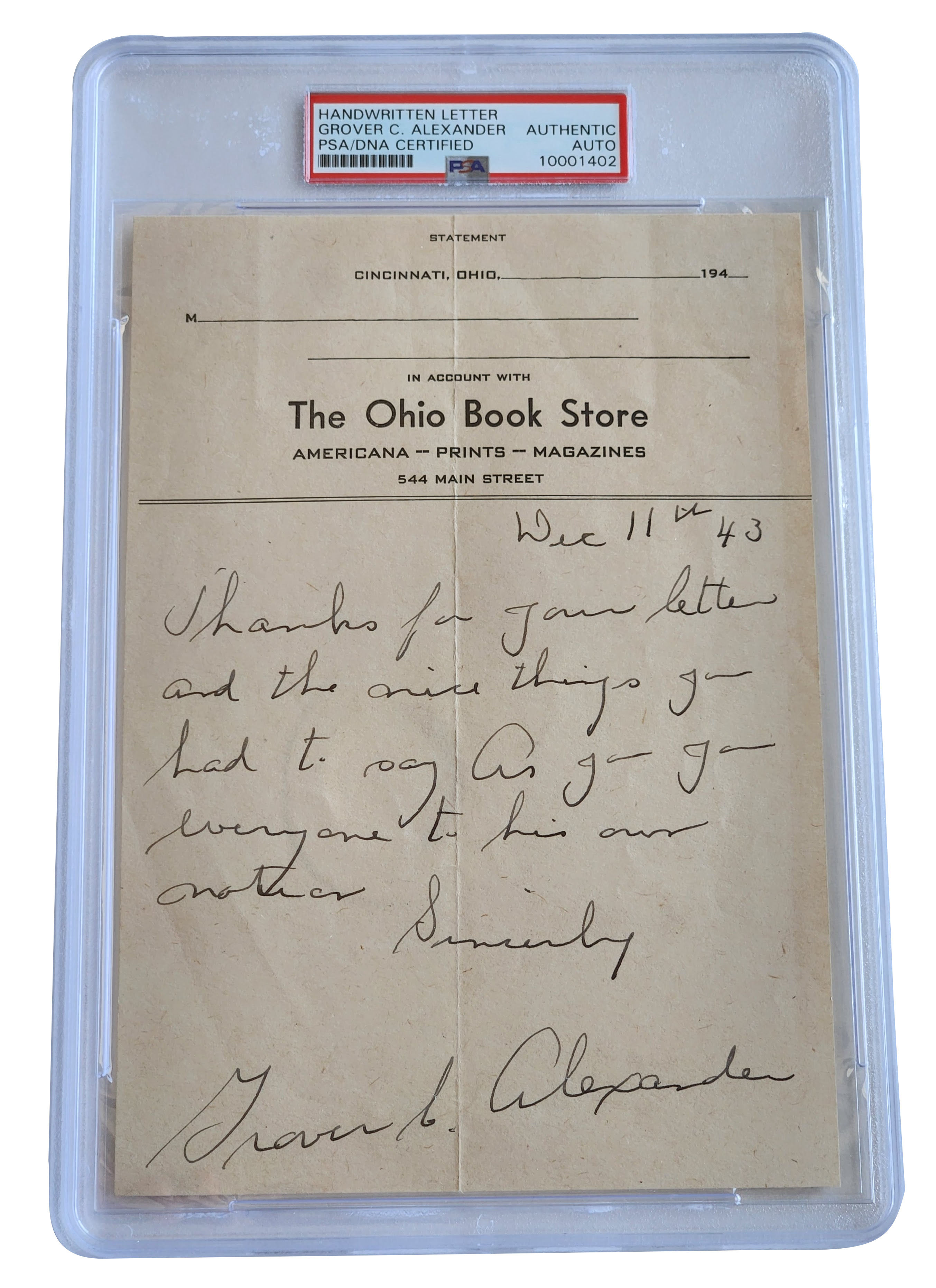 Grover Cleveland Alexander Hand Written Autographed and Signed Letter PSA