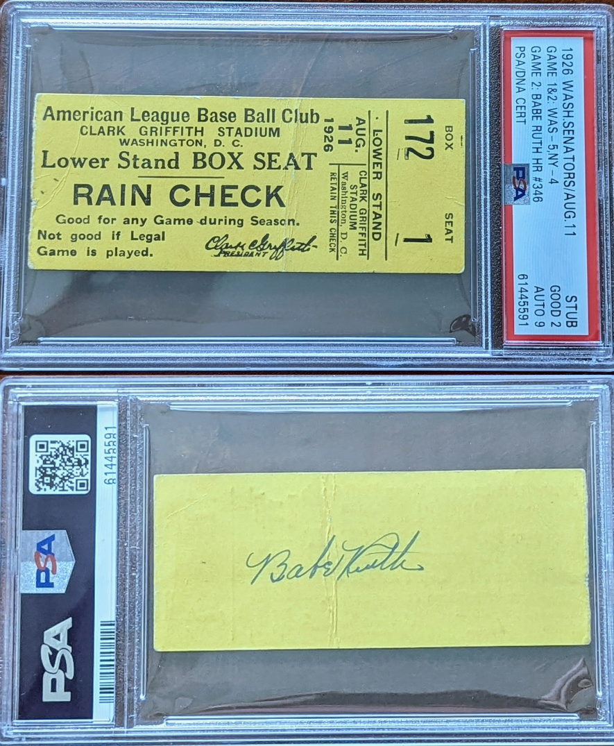 Babe Ruth Signed Original Ticket Stub 8/11/1926 Home Run #346 PSA