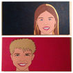 Two horizontal paintings, upper one with blue background and girl's face on right side, and the lower with a red background and a boy's face on the left.