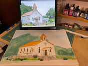 Painting of white Methodist church with copper roof