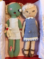 felt dolls, zombie in white dress, girl in periwinkle dress