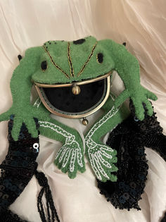 green felt frog purse skeleton embroider