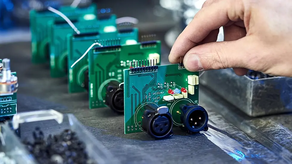 Technician inspecting PCB boards during electronics manufacturing