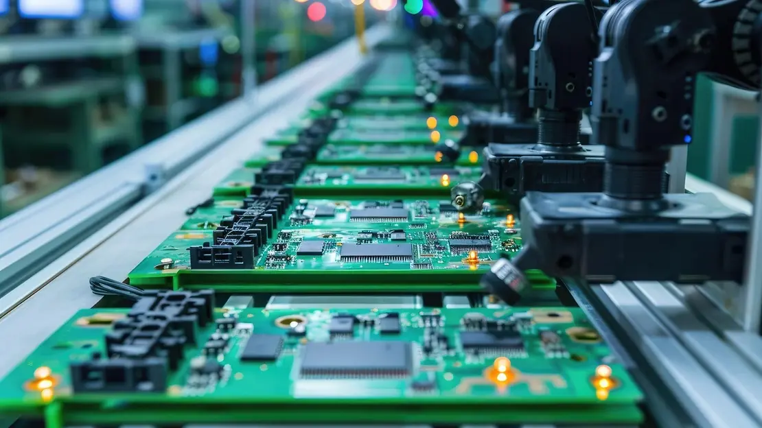 Automated optical inspection system checking PCBs on assembly line