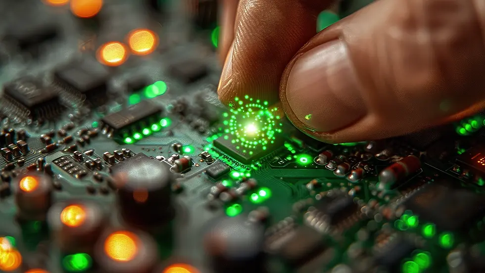 Engineer placing a glowing microchip into an circuit board