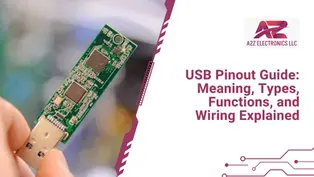 USB Pinout Guide cover by A2Z Electronics showing a hand holding assembled USB with circuit board
