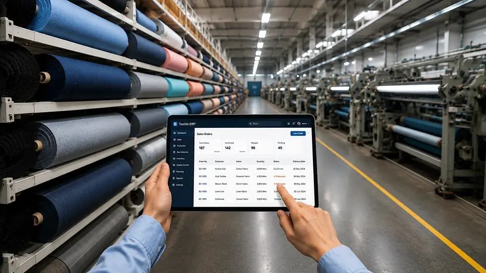 Worker using textile & apparel ERP software for factory inventory operations