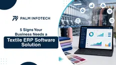 Textile ERP software dashboard on laptop in factory with yarn and fabric samples near by
