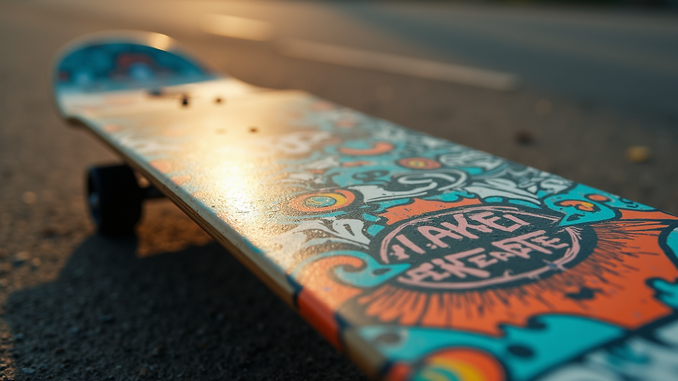 Close-up of a skateboard deck with intricate activist graffiti-style artwork