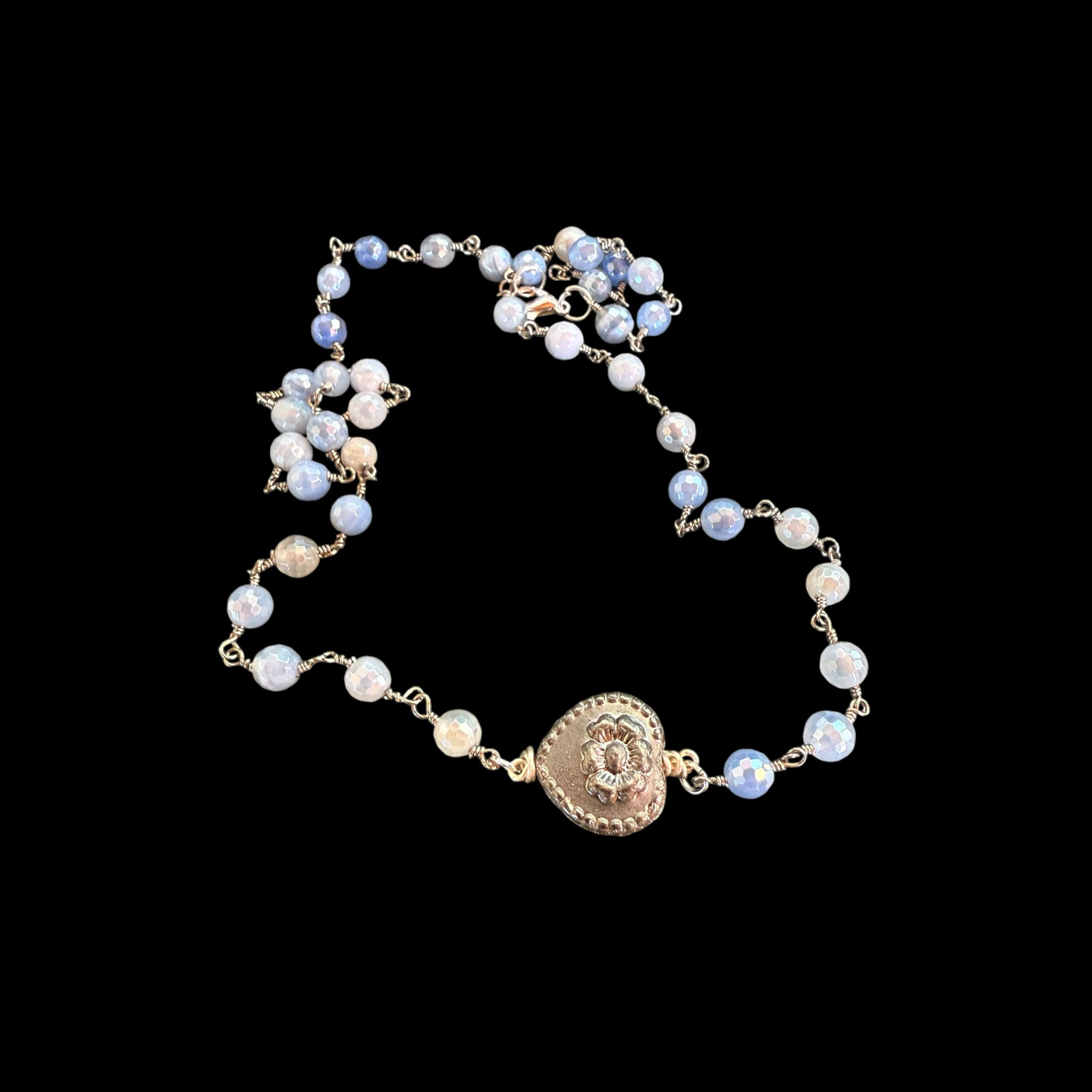 Mystic Blue Agate Faceted 6mm Beaded Chain with Czech Glass Heart