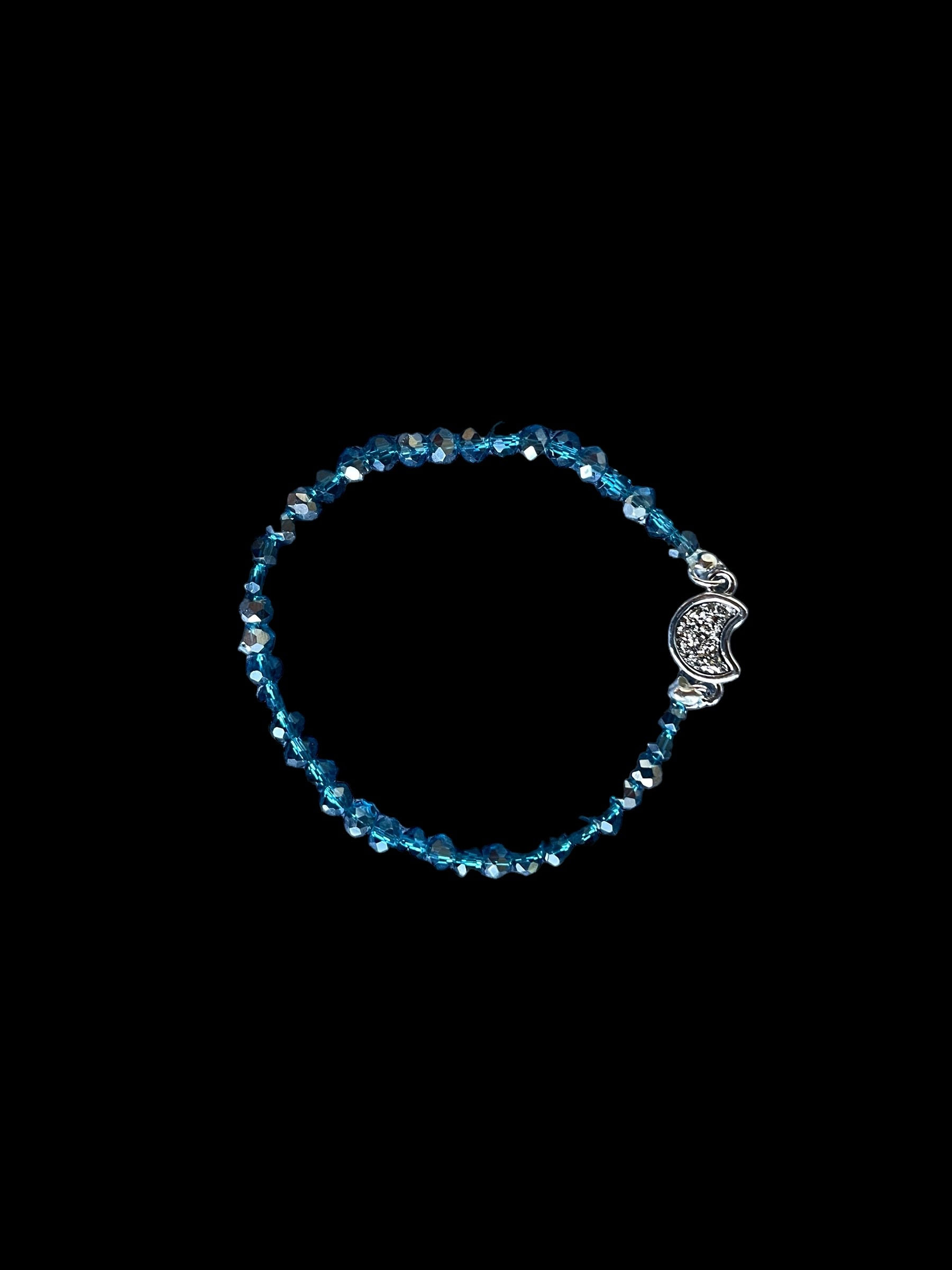 Blue Crystal Beaded Bracelet with Crescent Moon Charm