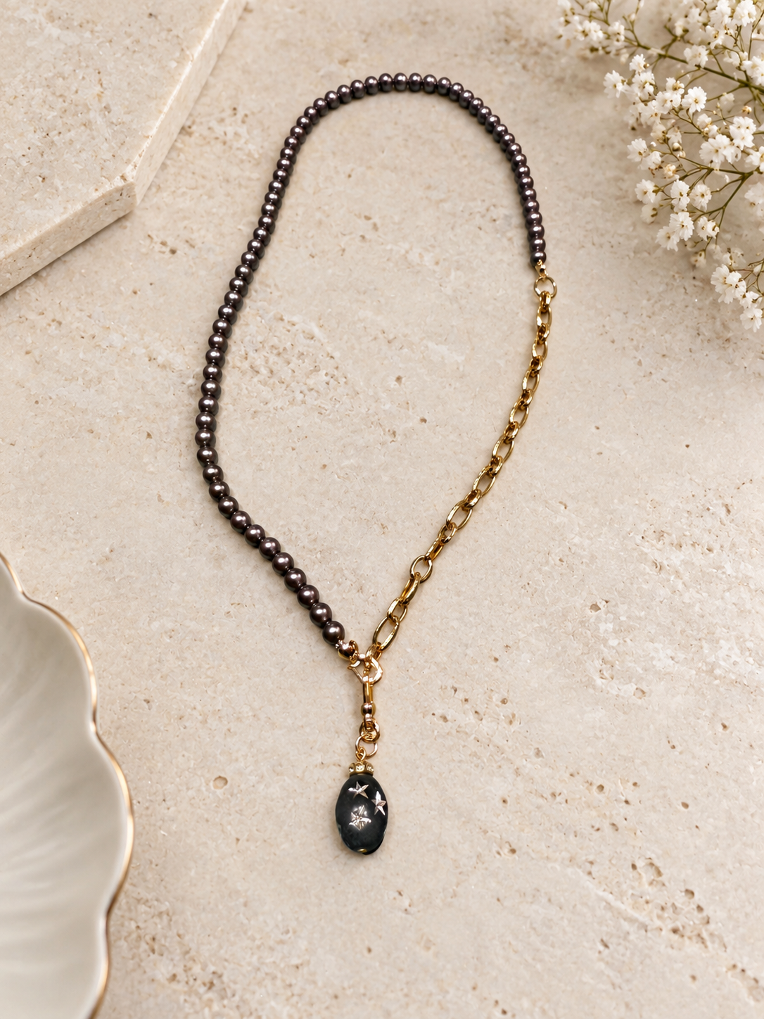 Mixed Metal Pearl & Gold Chain Necklace