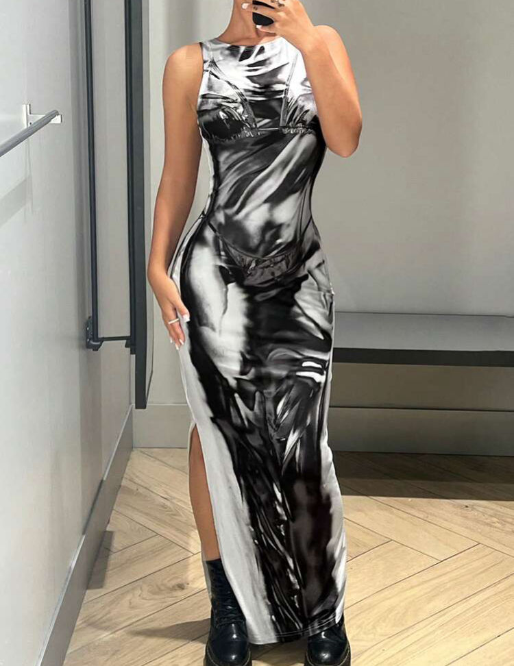 Thumbnail: Graphic Print Split Thigh Tank Long Dress 