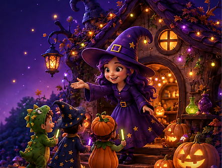 Illustration of children in Halloween costumes visiting a friendly witch outside a magical, pumpkin-lit cottage