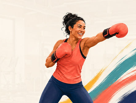 Smiling woman exercising with boxing gloves on