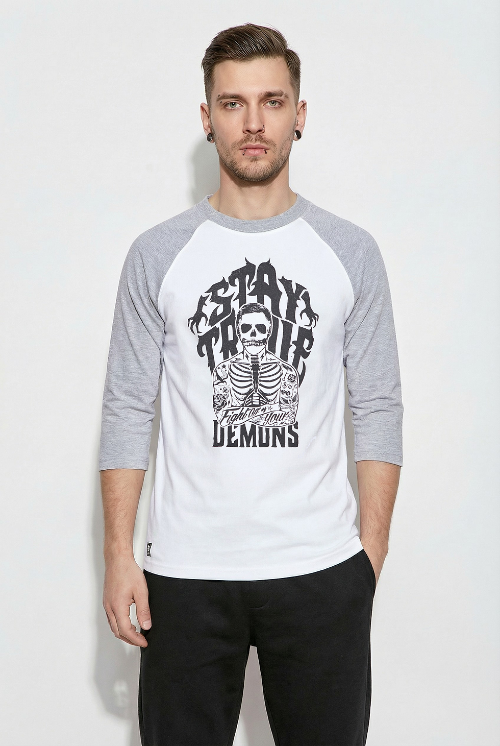 "Stay True" 3/4 Kol Raglan T-Shirt Gri & Beyaz