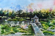 Temple river forest watercolour painting India
