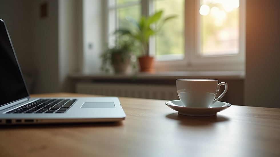Eye-level view of a cozy home office setup with a laptop and a cup of tea