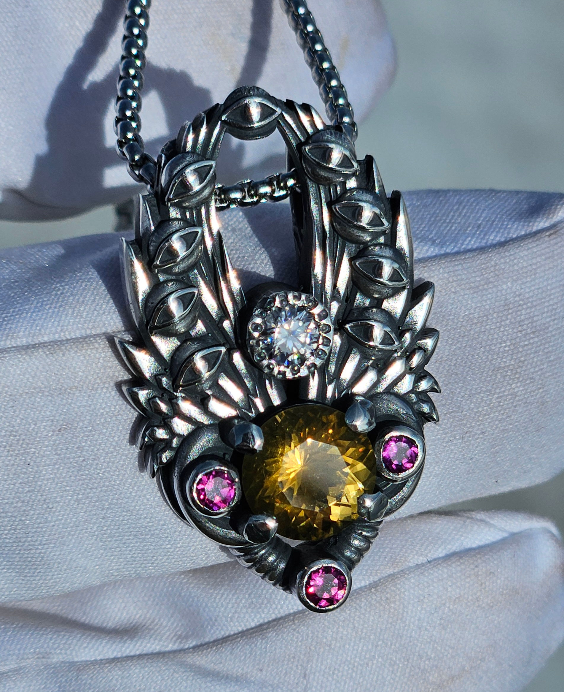 Watcher of the Skies - Citrine, Rhodolite Garnet, Moissanite Silver pendant