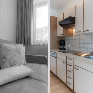 das Alpenblick - Appartement 1 - Anischt Kueche und Detailansicht Wohnzimmer