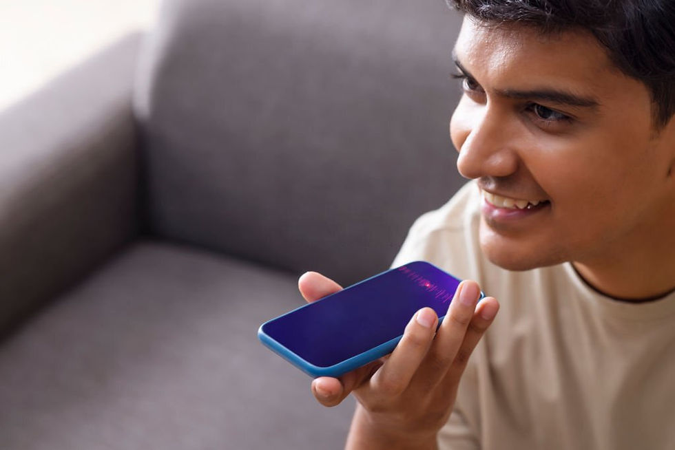 young man talk with his virtual digital companionvoice recognition assistant- Mitra as part of his conversation