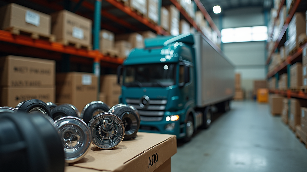 Close-up view of truck parts packaged for shipping
