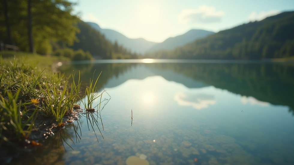 Close-up view of a serene nature scene with a calm lake