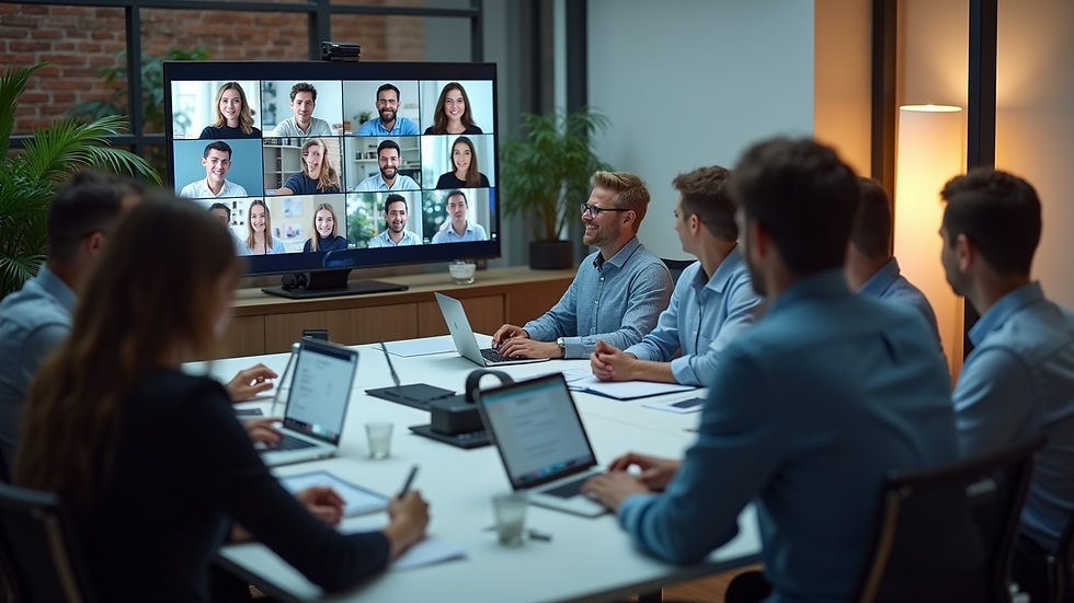 High angle view of a virtual meeting with multiple participants on screen