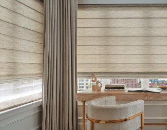 Controlling natural light is more efficient with motorized automated remote control custom blinds Denver featuring Alustra Woven Textures Roman Shades in this Parker CO kitchen by Blind Corners and Curves Denver.;