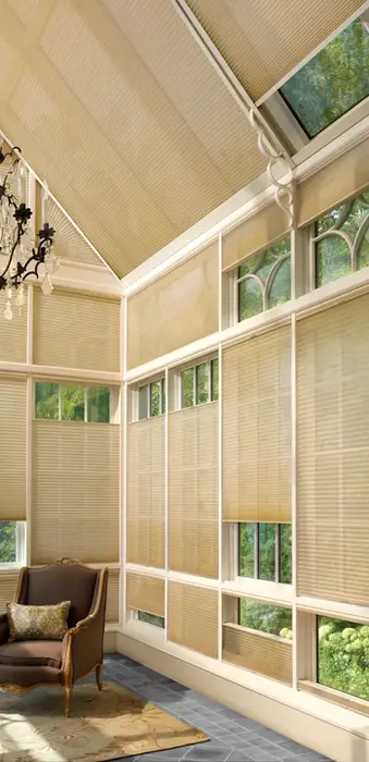 Capture the finest diffused natural light with these custom-fit Skylight Shades, perfect for large-scale glass ceilings in Lakewood CO by BCC of Denver Colorado.;