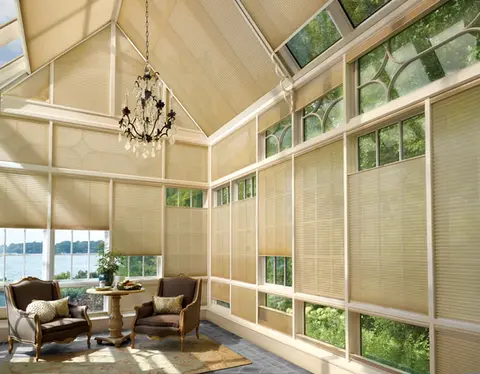Capture the finest diffused natural light with these custom-fit Skylight Shades, perfect for large-scale glass ceilings in Lakewood CO by BCC of Denver Colorado.;