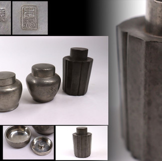 中国古玩 唐物 菱花形 時代 斑紋 古錫 茶心壷 錫仙製 在銘 茶壷 まとめて3点