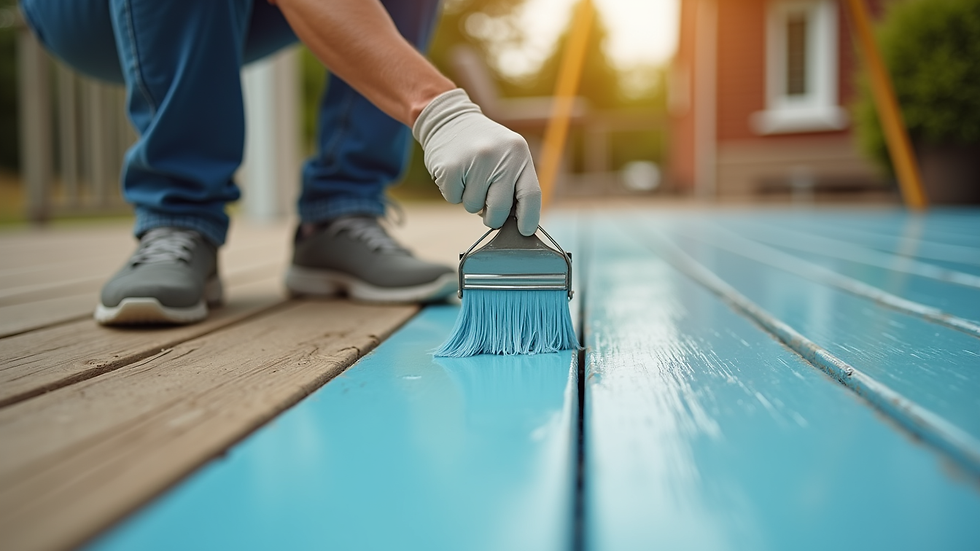 Close-up view of painter applying protective paint on wooden deck