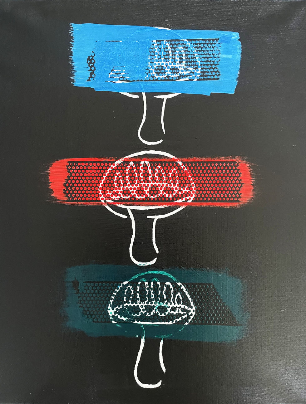 a drawing of three different colored mushrooms on a black background