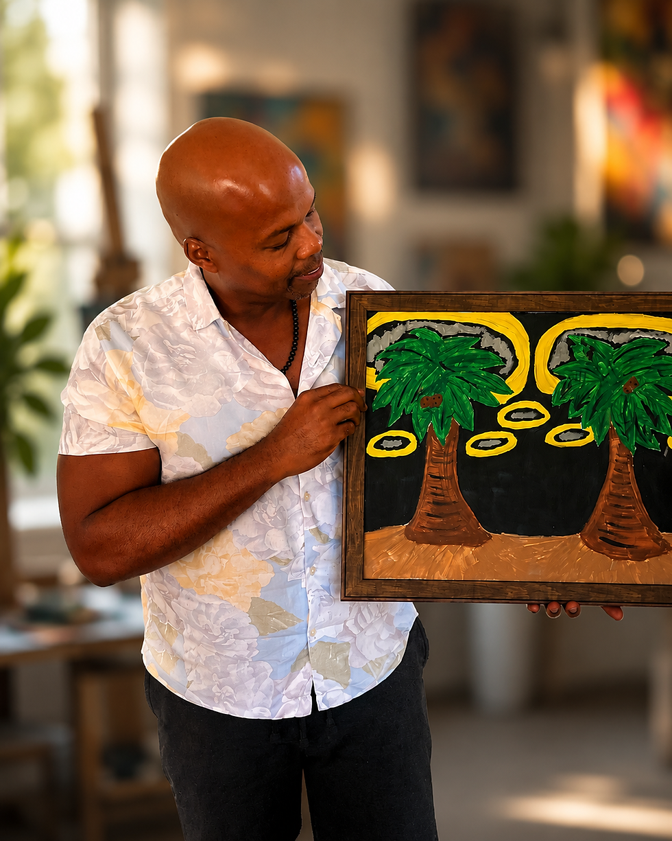 Ken Kammal Holding up Enter Anew Realm Painting
