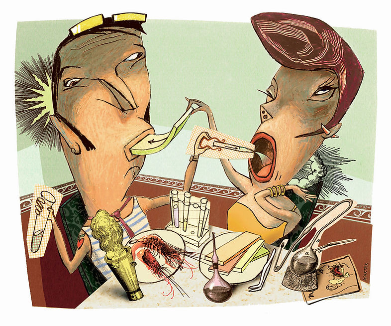 Hubert Warter - Illustration - Paar - essen - füttern - molekulare Küche - couple - eating - feeding - molecular cuisine