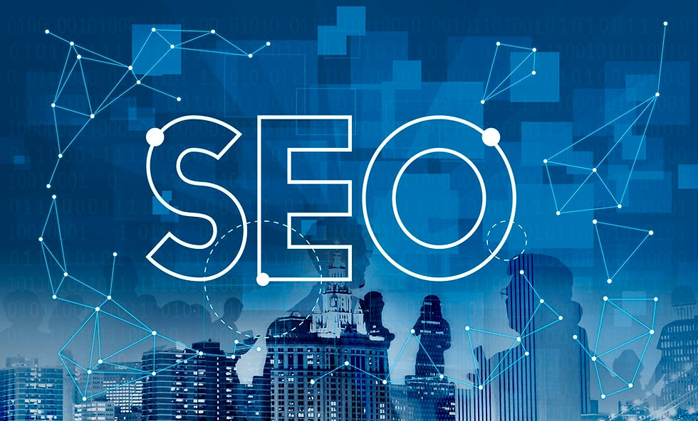 Search engine optimization concept with large SEO text over digital network background and city skyline illustrating online growth and data connectivity